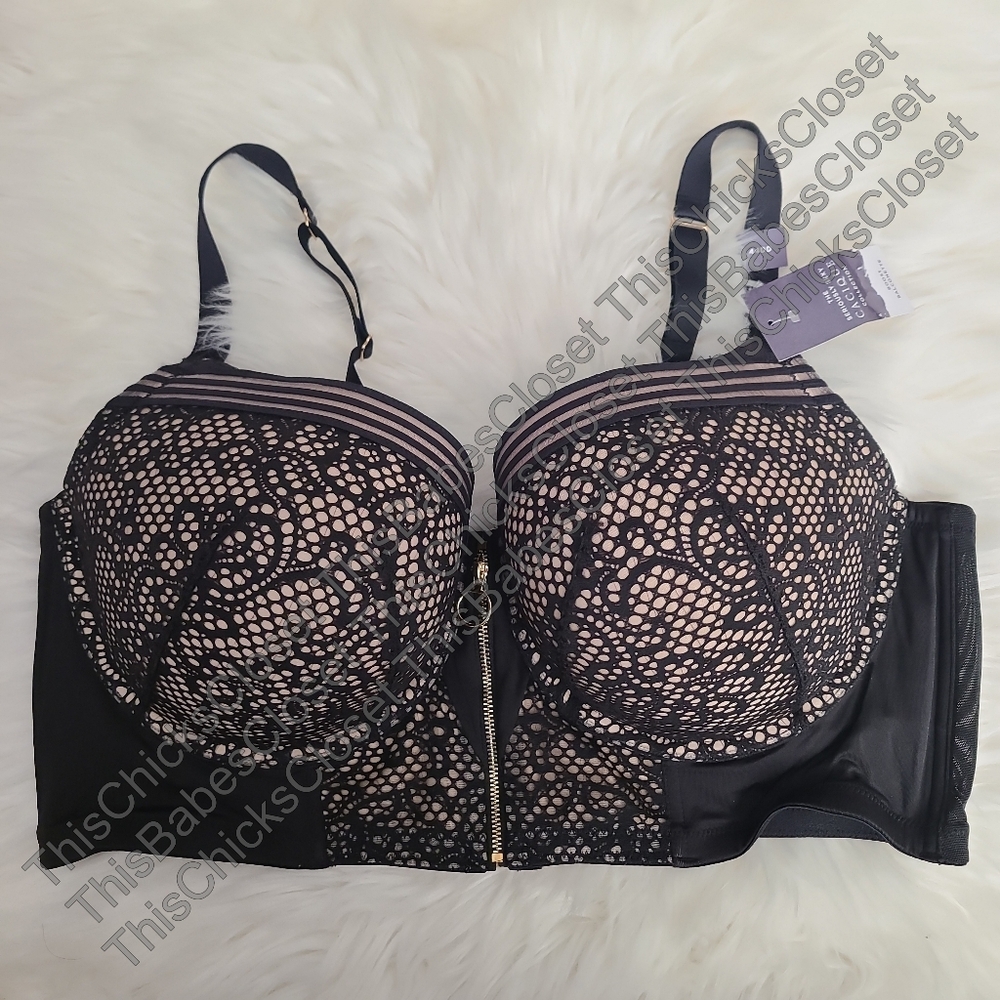 NWT Lane Bryant Cacique Zip-Front Longline Boost Balconette Bra, 44DD